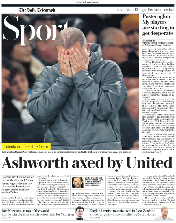 Lead sport page of the Daily Telegraph on 9 December 2024