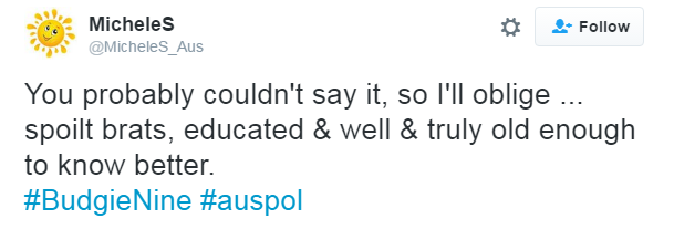 Tweet by Twitter user MicheleS: "You probably couldn't say it so I'll oblige... spoilt brats, educated and old enough to know better." 6 Oct 2017