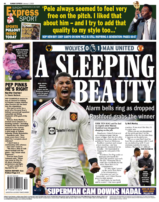 Sunday's Express back page with the headline 'a Sleeping beauty' and a picture of Marcus Rashford celebrating