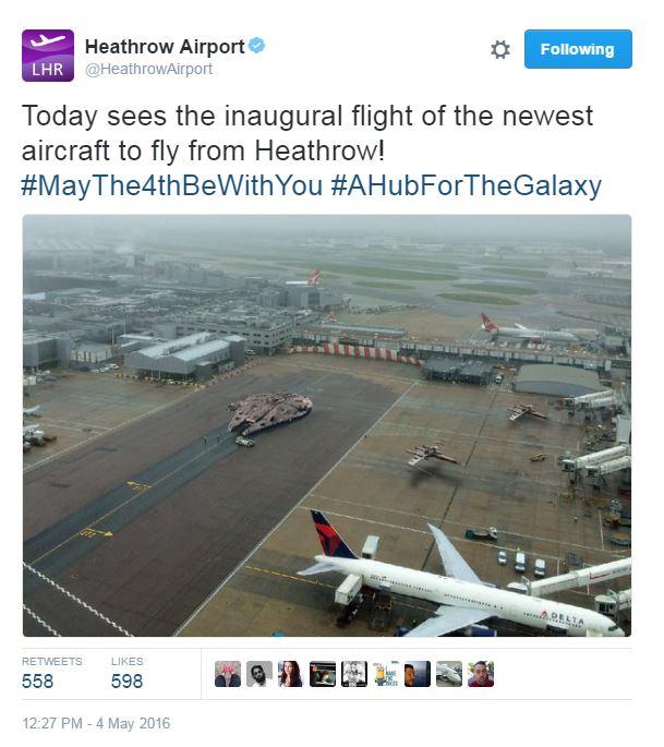 Tweet: Today sees the inaugural flight of the newest aircraft to fly from Heathrow! #MayThe4thBeWithYou #AHubForTheGalaxy