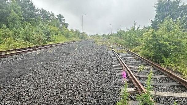 Empty stretch of railway line, showing two sets of tracks.