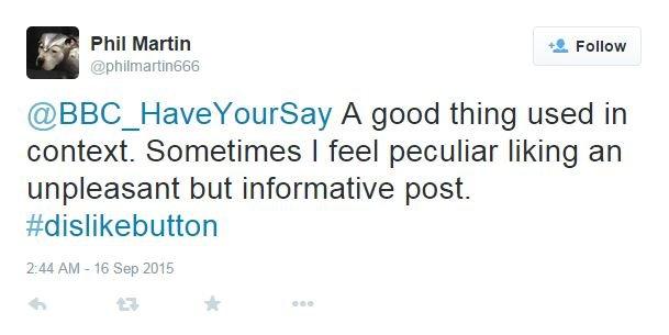 Twitter text: A good thing used in context. Sometimes I feel peculiar liking an unpleasant but informative post. #dislikebutton