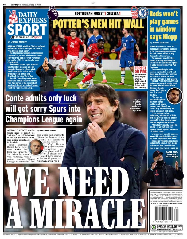 Monday's Express back page with the headline 'We need a miracle' and a picture of Antonio Conte