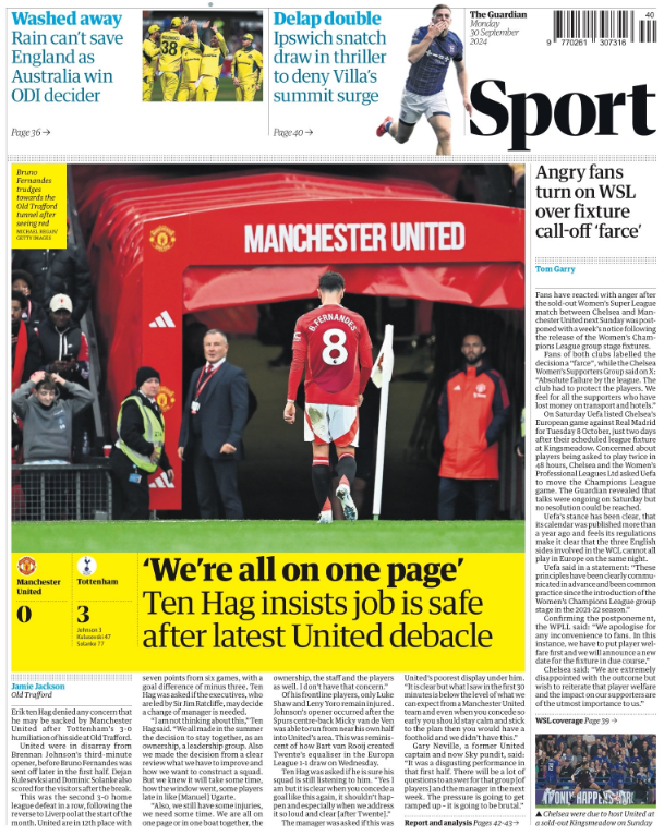 Lead sport page of the Guardian on 30 September 2024