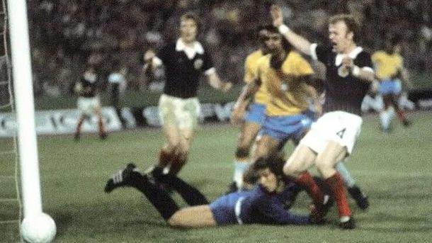 Billy Bremner almost scores for Scotland against Brazil