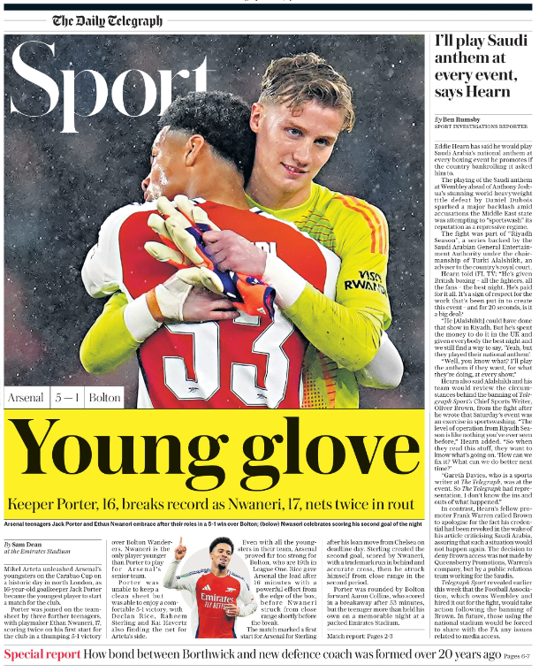 Lead sport page of the Daily Telegraph on 26 September 2024