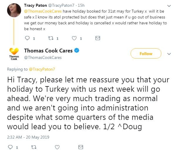 Tweet between Thomas Cook and customer