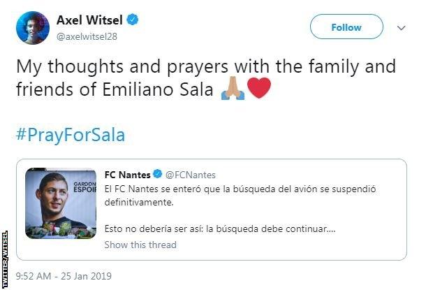 Image of Axel Witsel's tweet saying his thoughts and prayers are with Sala's family and friends