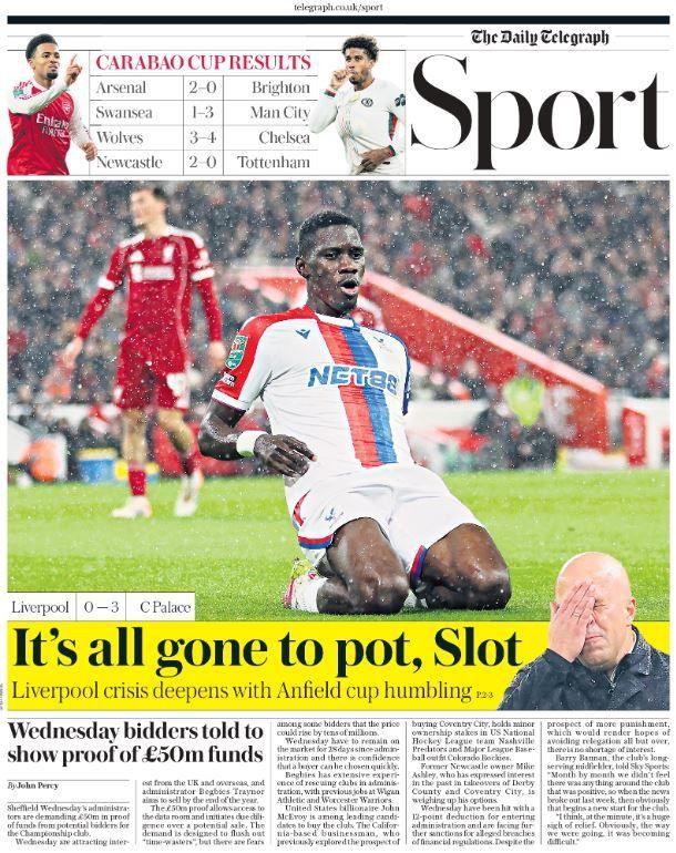 Lead sport page in the Daily Telegraph on 30 October 2025