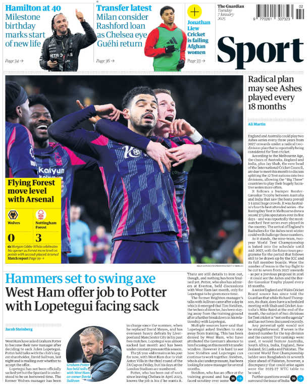 Lead sport page of the Guardian on 7 January 2025