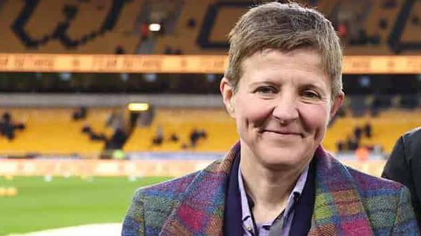 Louisa Craig at the Molineux Stadium where she was presented with her award. She is smiling at the camera, looking happy.