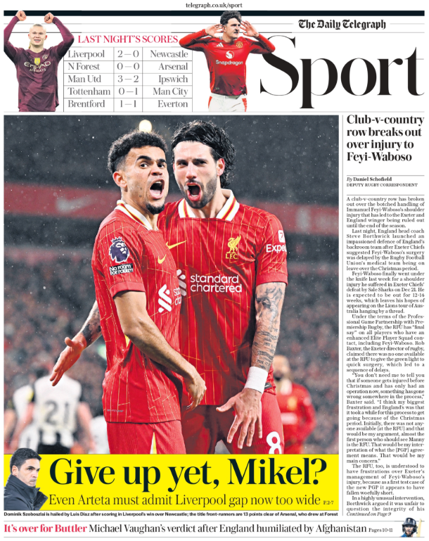 Lead sport page of the Daily Telegraph on 27 February 2025