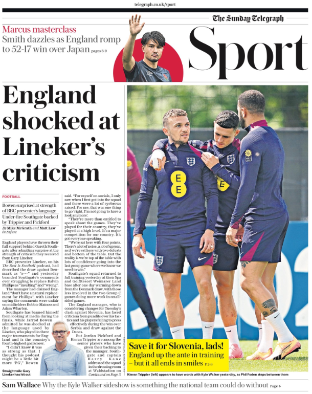 Lead sport page of the Sunday Telegraph on 23 June 2024