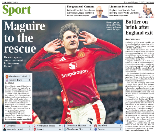 Back page of the Times on 27 February 2025