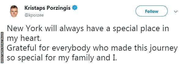 Porzingis tweeted his thanks to the people of New York for their support