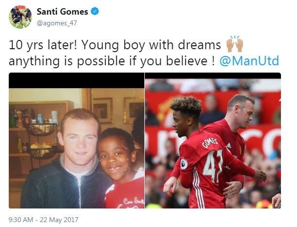 Angel Gomes' tweet which shows him as a child with Wayne Rooney and then replacing him on his Manchester United debut