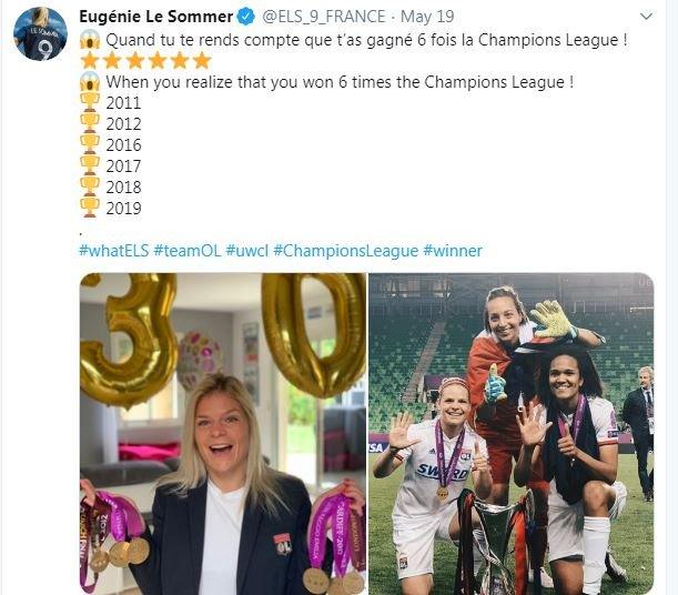 Eugenie Le Sommer tweets her reaction to winning the Champions League