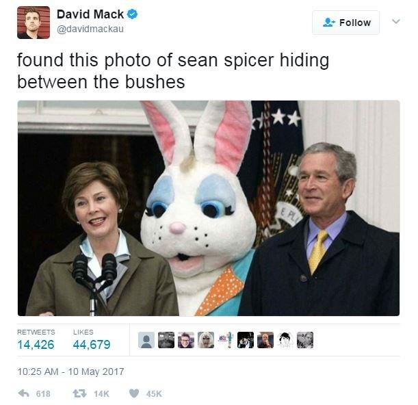 David Mack tweeted a picture of a person in a giant rabbit suit posing between George Bush and his wife, Laura