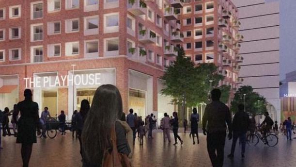 An artists' impression of a city centre showing a new apartment block building and people walking and on bikes.