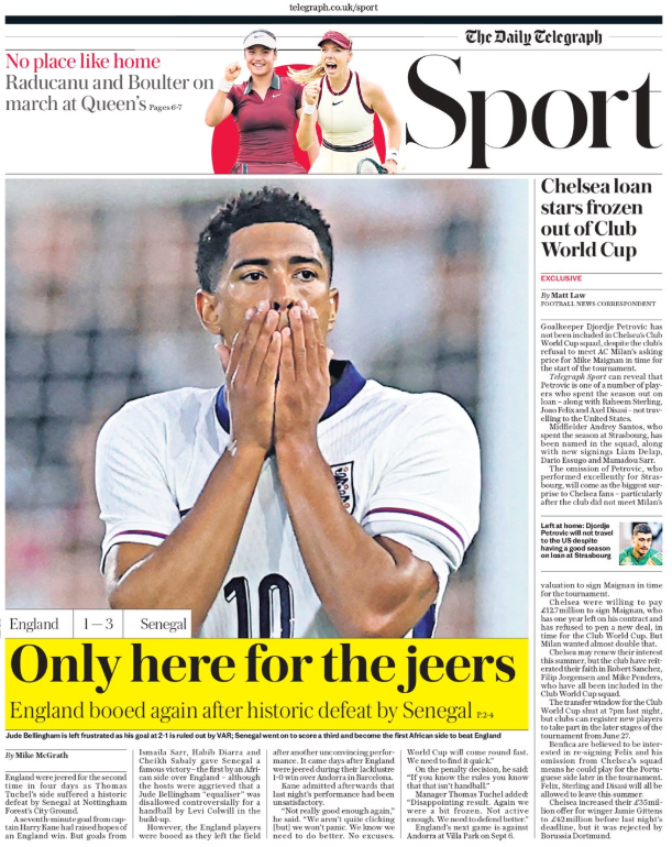 Lead sport page in the Daily Telegraph on 11 June 2025