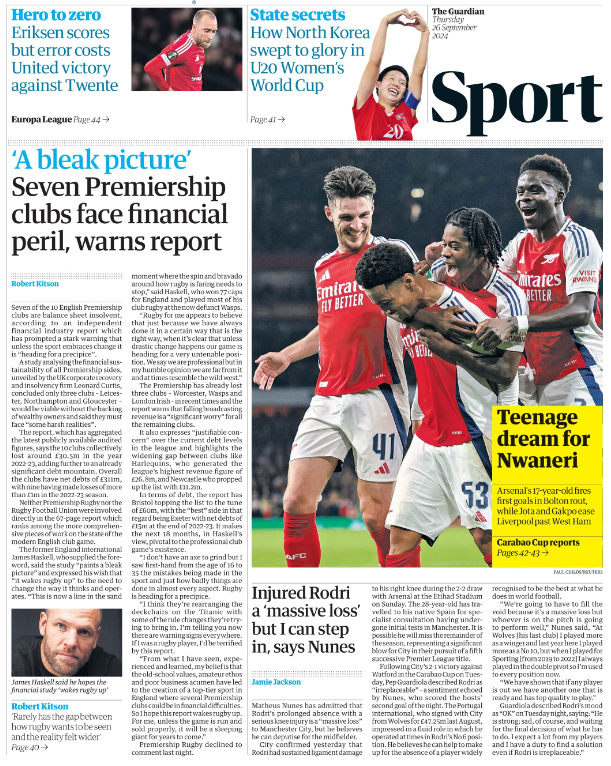 Back page of the Guardian on 26 September 2024