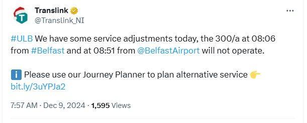 A screenshot of a tweet which outlines last minute cancellations to the 300 bus from Belfast to Belfast International Airport.