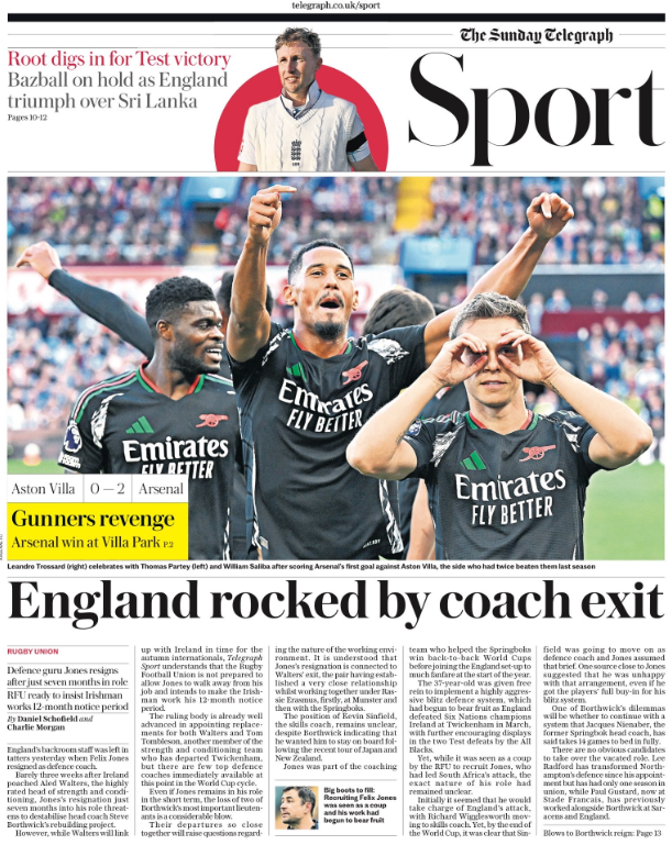 Lead sport page of the Sunday Telegraph on 25 August 2024