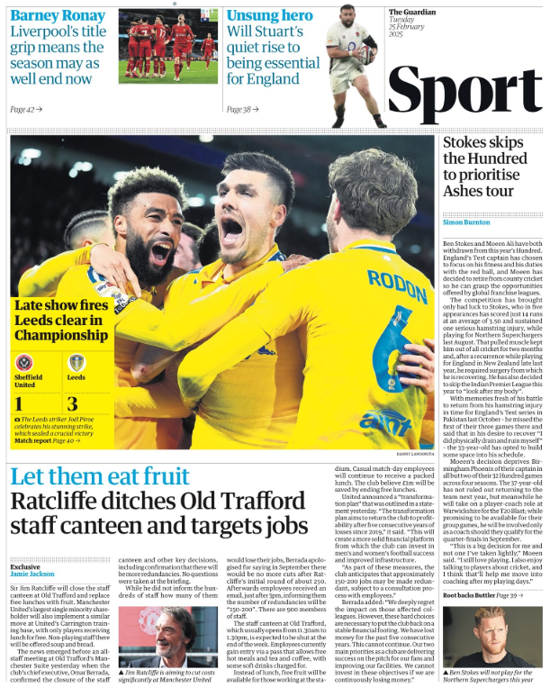 Lead sport page in the Guardian on 25 February 2025