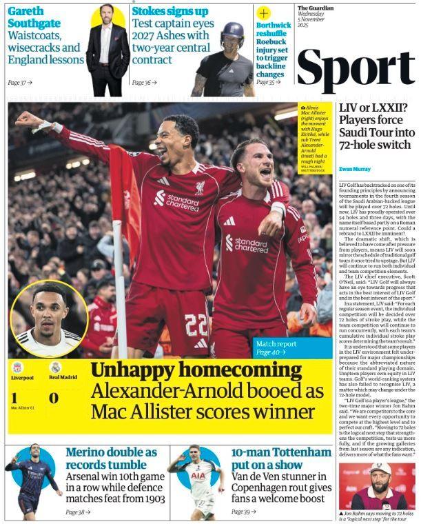 Lead sport page of the Guardian on 5 November 2025