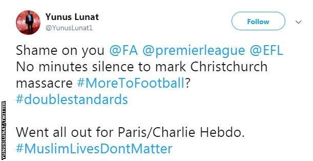 Tweet by Yunus Lunat criticising the Premier League