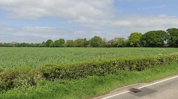 A Google Street image of a green field on the side of a road.