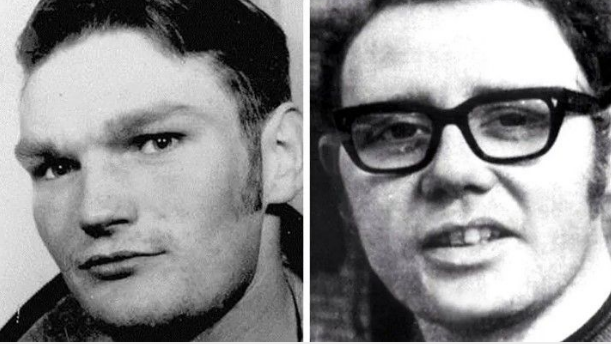 Black and white photo of two white young men.
It is a side by side of two photos. 
The left man has sideburns, and bushy eyebrows and mouth closed and the right man has thick black glasses and is smiling looking at the camera. 
