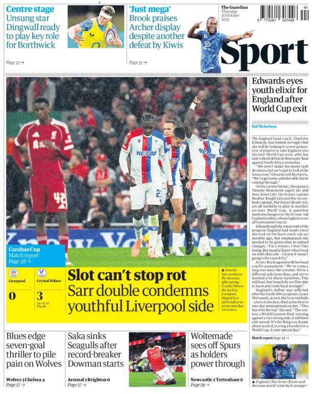 Back page of the Guardian on 30 October 2025