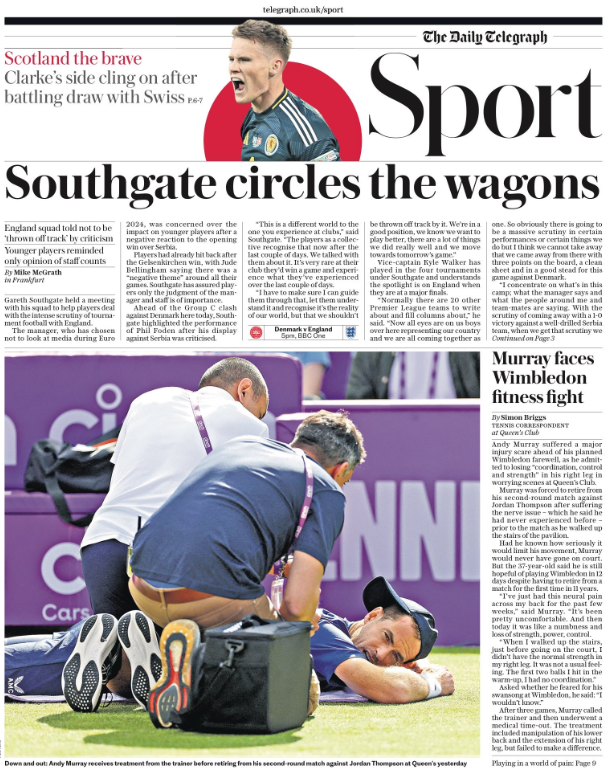 Lead sport page of the Daily Telegraph on 20 June 2024