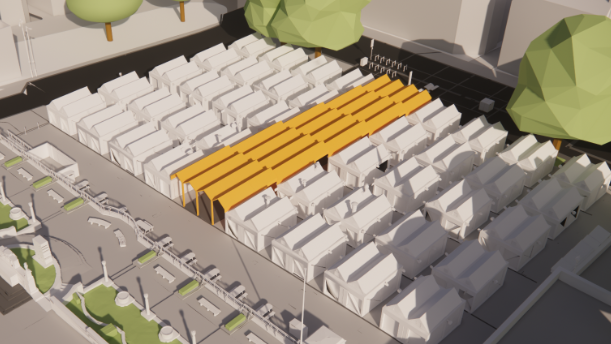 We can see an overhead, computer generated view of Norwich market. Most stalls are white - but running all the way through the middle we can see an area with an elevated roof, highlighted in yellow.