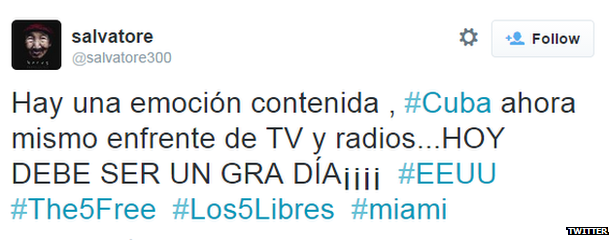 Translation: "There are a lot of emotions to hold in. Right now all Cuba is on front of the TV and the radio TODAY SHOULD BE A GREAT DAY!!!!"