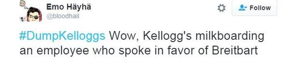 Twitter user Emo Hayha writes: "Wow, Kellogg's milkboarding an employee who spoke in favour of Breitbart"