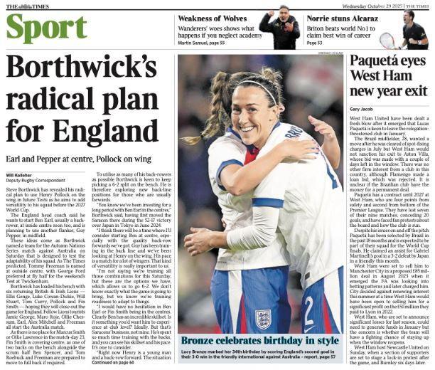 Back page of the Times on 29 October 2025