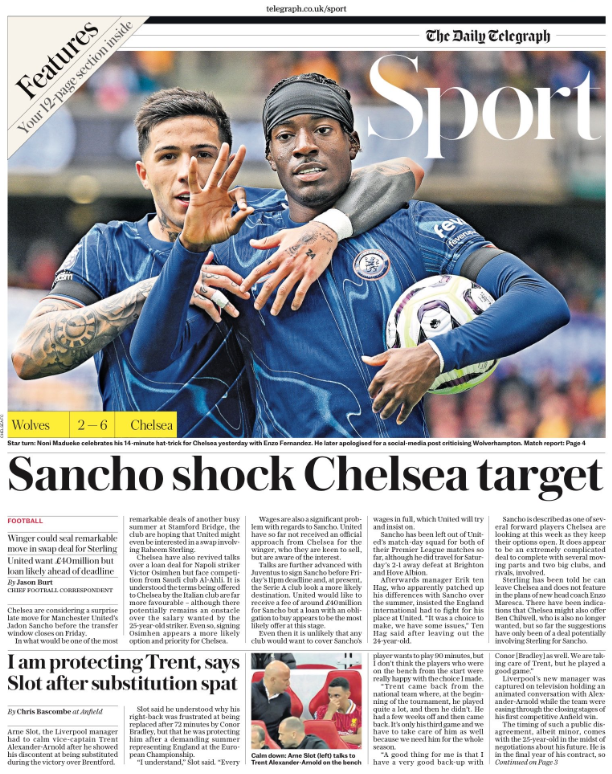 Telegraph sport page on 26 August 2024