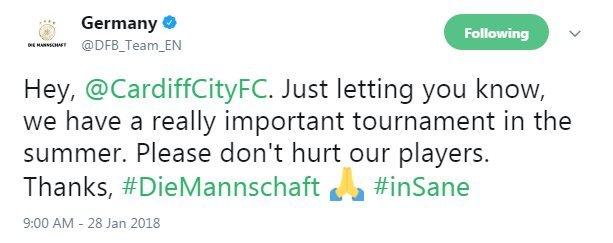 Germany's Twitter account used the pray emoji after Sane's injury