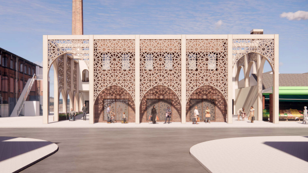 Artist impression of a street view of the new two-storey mosque in Evington Valley Road, Leicester.