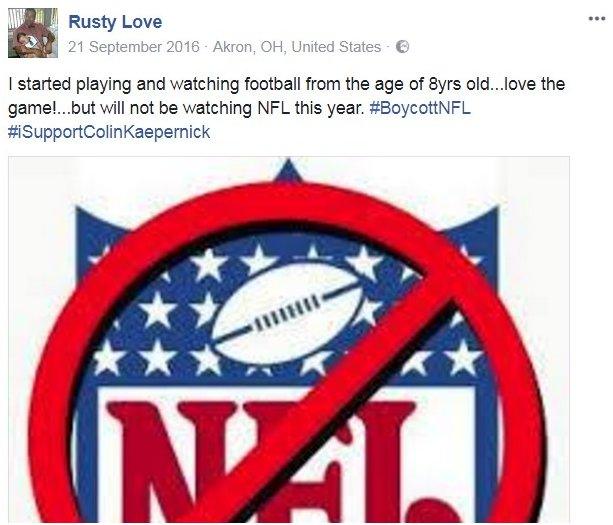 Rusty Love on Facebook supporting NFL player who refused to stand for the national anthem