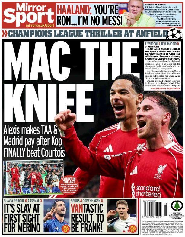 Back page of the Daily Mirror on 5 November 2025
