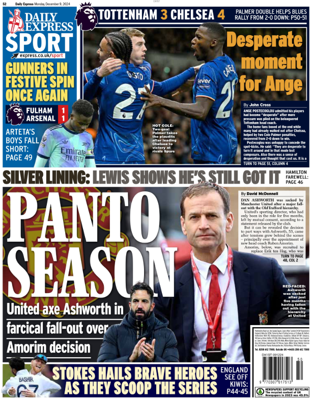 Back page of the Daily Express on 9 December 2024