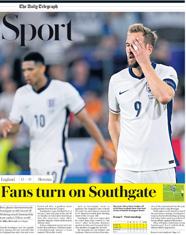 Telegraph sport front page