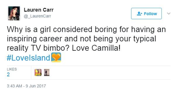 Twitter: Why is a girl considered boring for having an inspiring career and not being your typical reality TV bimbo? Love Camilla!