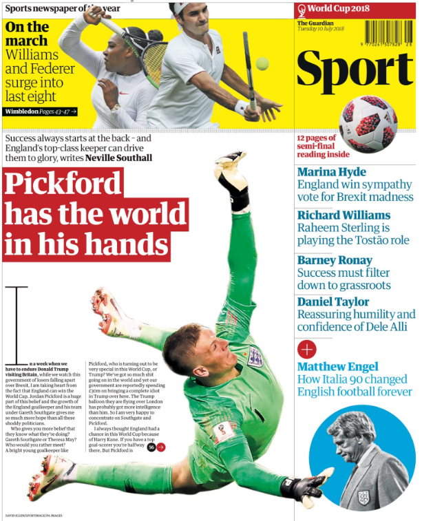 The Guardian leads on an interview with Neville Southall about England goalkeeper Jordan Pickford