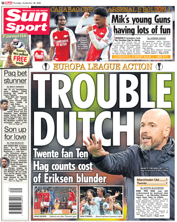 Back page of the Sun on 26 September 2024