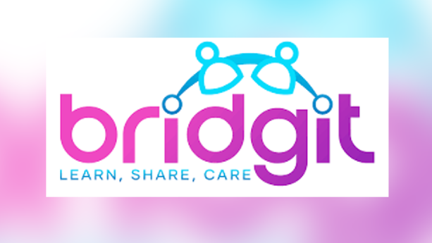 Logo of Bridgit - big pink lettering and a blue surround and the words Learn, Share, Care