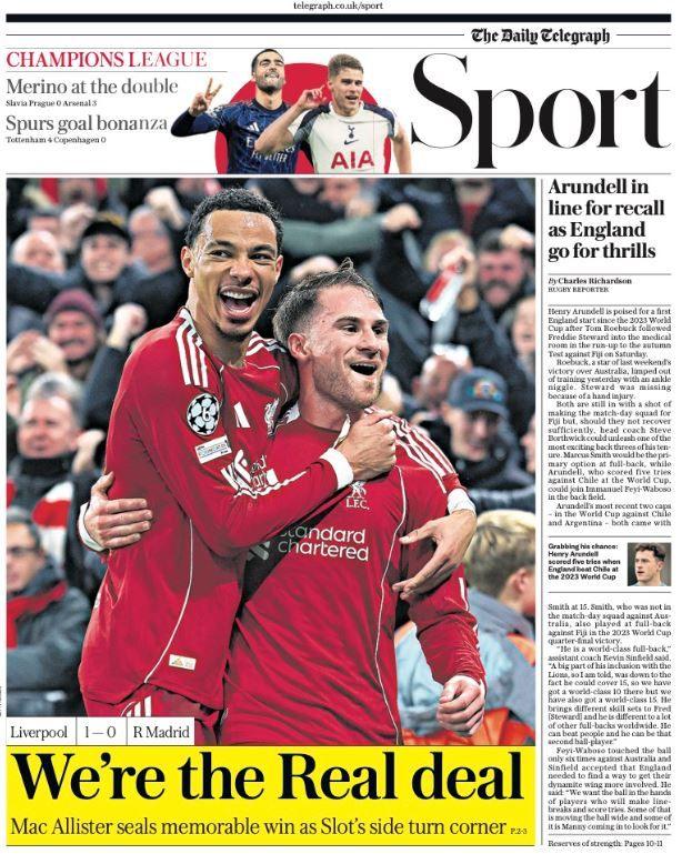 Lead sport page of the Daily Telegraph on 5 November 2025